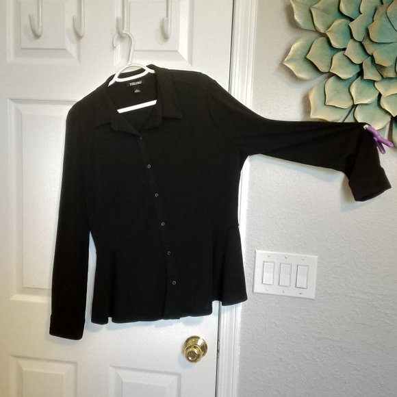 Roz & Ali Tops - Roz & Ali Partial PEPLUM Blouse, Black | L | Stretchy, leave untucked!